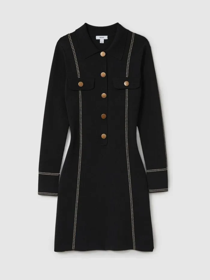 REISS Dresses Women Knitted Contrast Seam Mini Dress Black