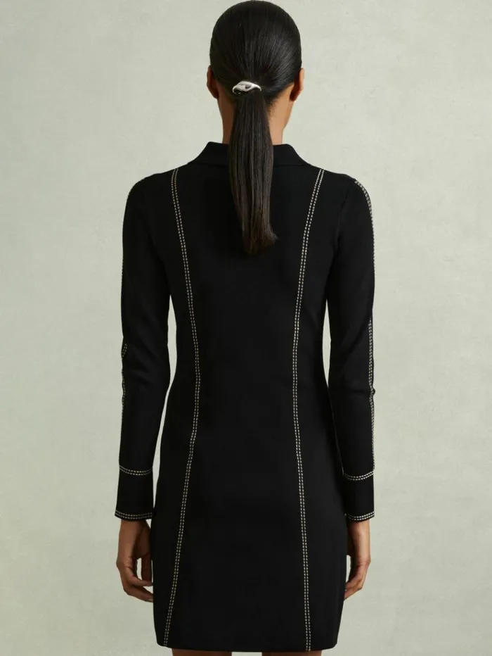 REISS Dresses Women Knitted Contrast Seam Mini Dress Black