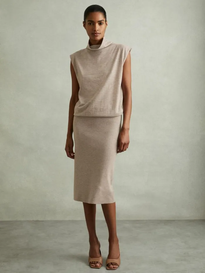 REISS Dresses Women Knitted WoolCashmere Blouson Top Midi Dress Neutral