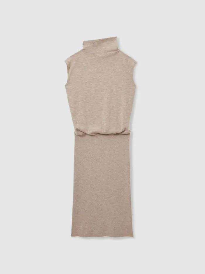 REISS Dresses Women Knitted WoolCashmere Blouson Top Midi Dress Neutral