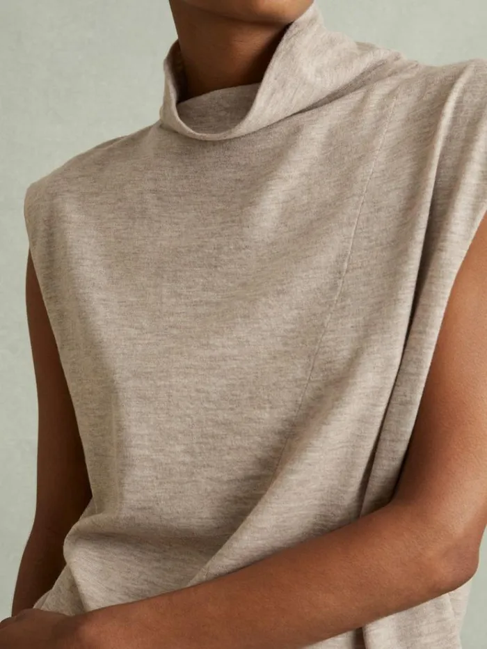 REISS Dresses Women Knitted WoolCashmere Blouson Top Midi Dress Neutral