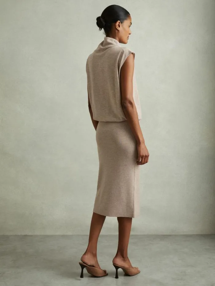 REISS Dresses Women Knitted WoolCashmere Blouson Top Midi Dress Neutral