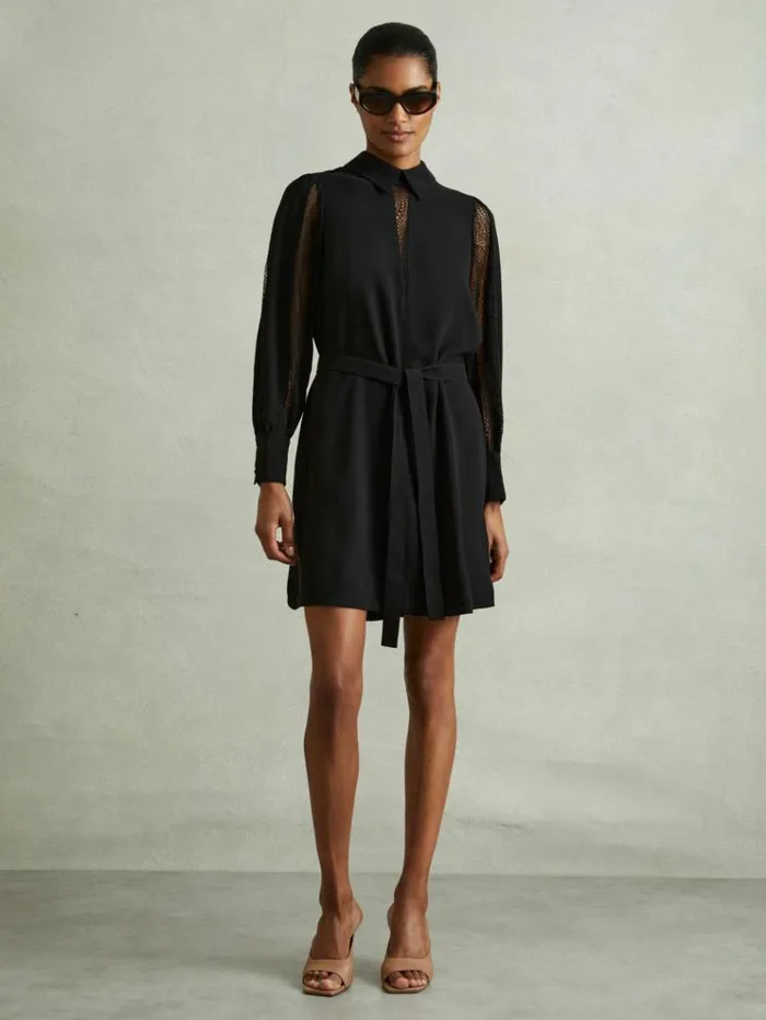REISS Dresses Women Lace Insert Mini Dress Black