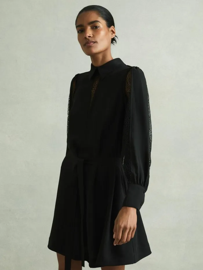 REISS Dresses Women Lace Insert Mini Dress Black