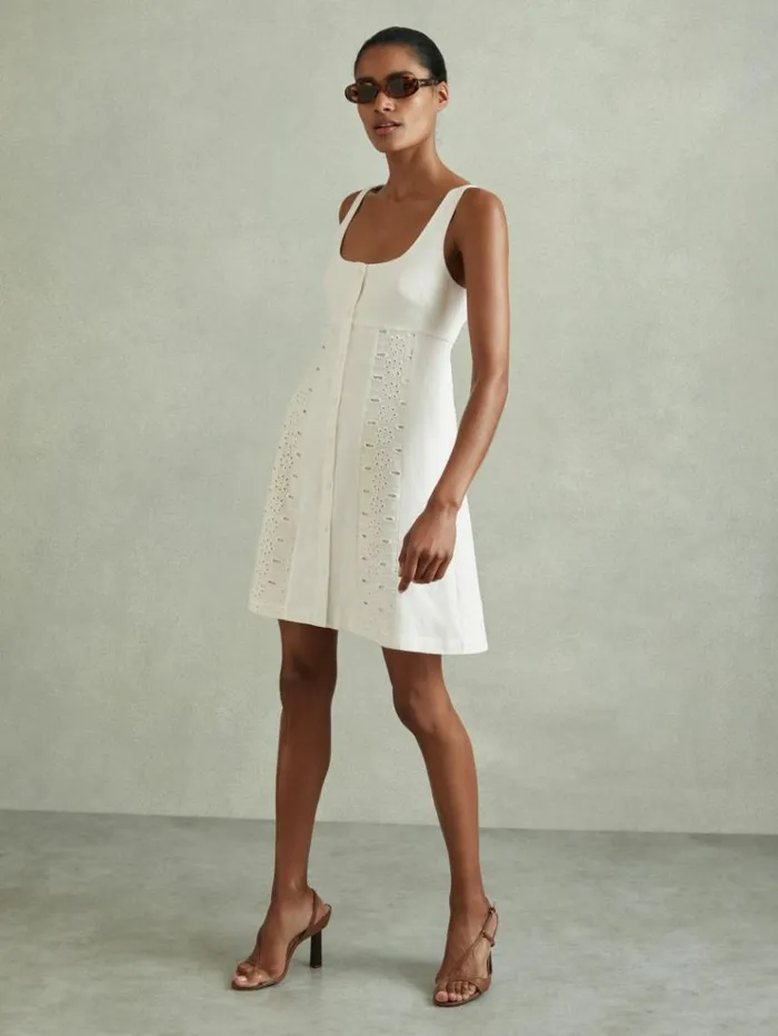 REISS Dresses Women Linen Broderie Mini Dress Ivory