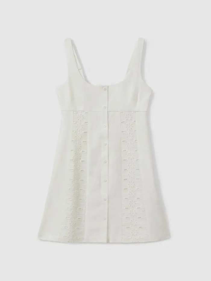 REISS Dresses Women Linen Broderie Mini Dress Ivory