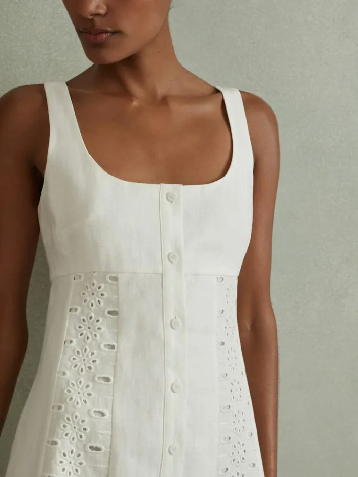 REISS Dresses Women Linen Broderie Mini Dress Ivory