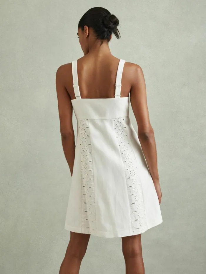 REISS Dresses Women Linen Broderie Mini Dress Ivory