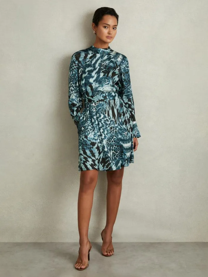 REISS Dresses Women Printed Belted Tie Neck Mini Dress Teal