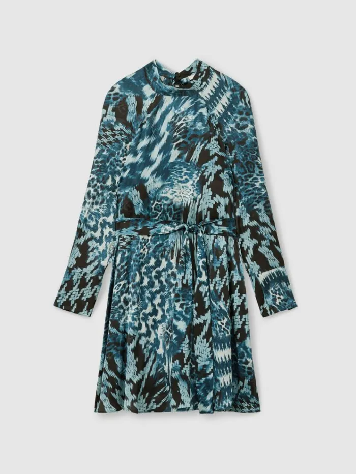 REISS Dresses Women Printed Belted Tie Neck Mini Dress Teal