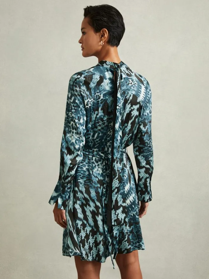 REISS Dresses Women Printed Belted Tie Neck Mini Dress Teal