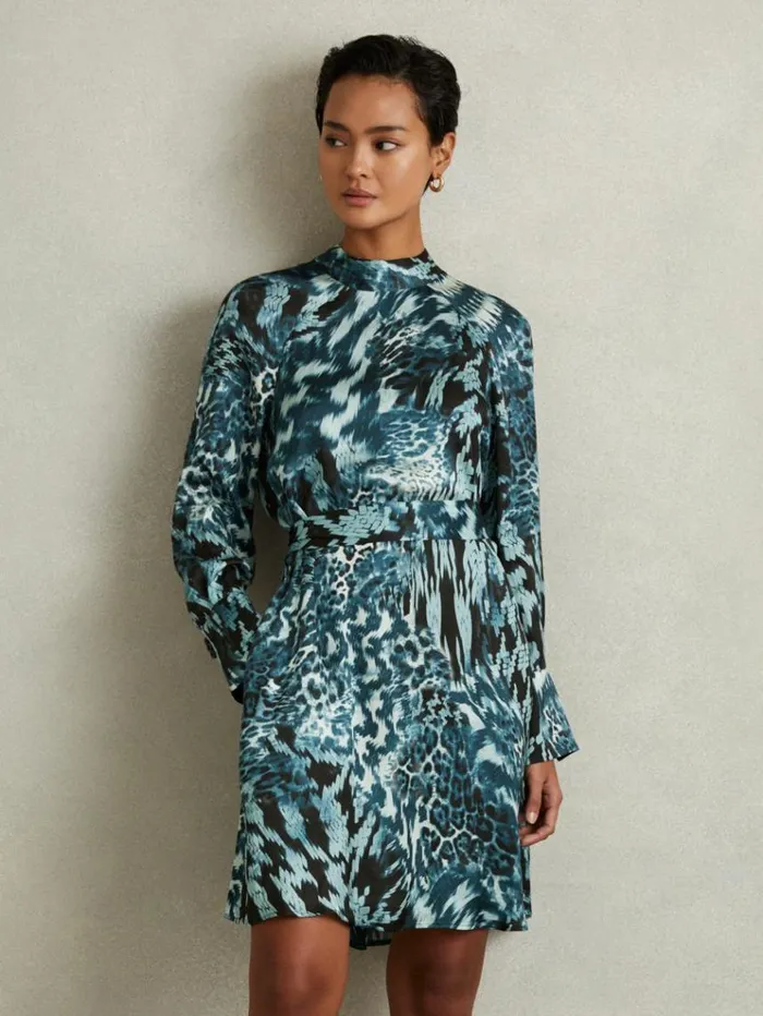 REISS Dresses Women Printed Belted Tie Neck Mini Dress Teal