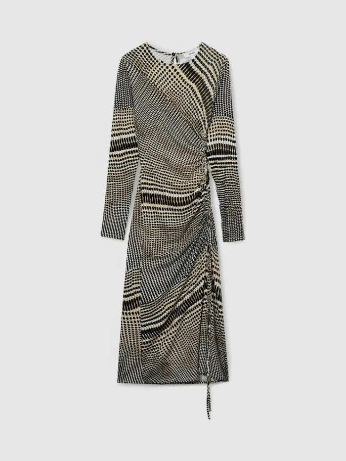 REISS Dresses Women Printed Ruched Midi Dress Blackolive