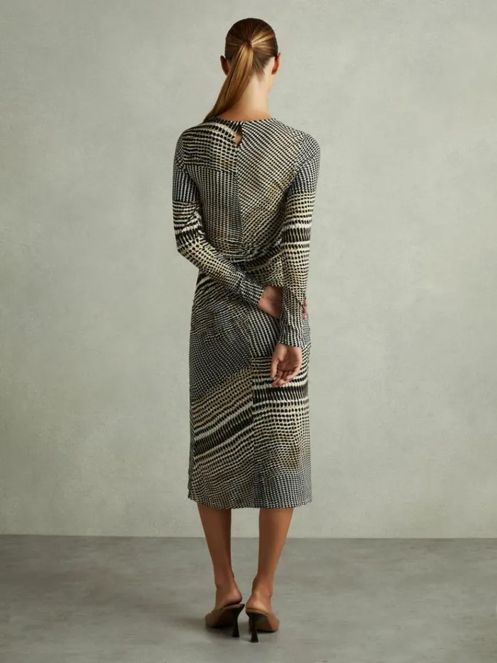 REISS Dresses Women Printed Ruched Midi Dress Blackolive
