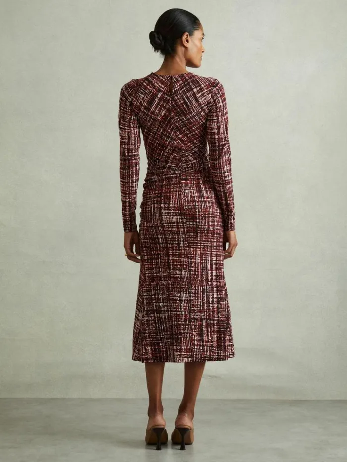 REISS Dresses Women Printed Ruched Midi Dress Red
