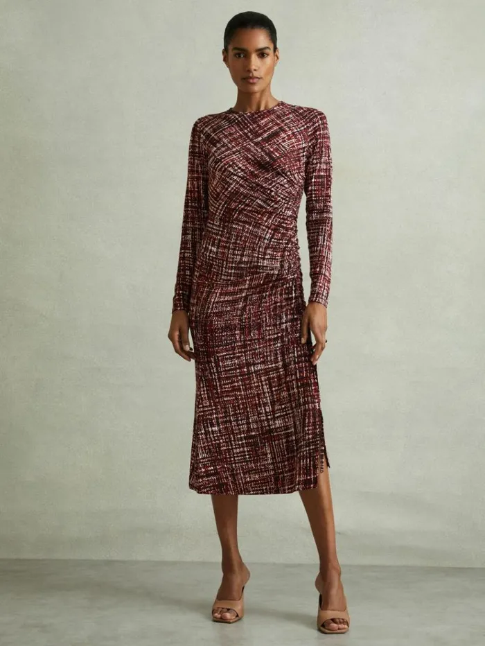 REISS Dresses Women Printed Ruched Midi Dress Red
