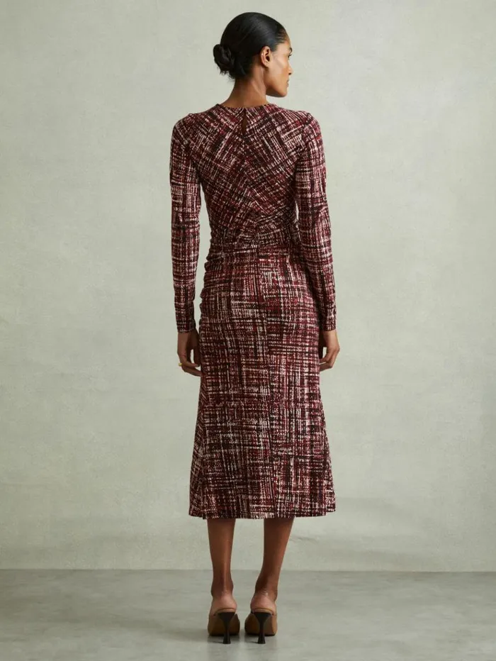 REISS Dresses Women Printed Ruched Midi Dress Red