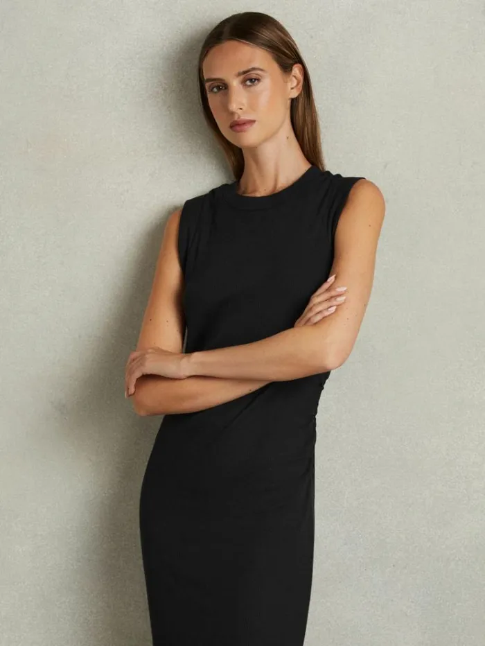 REISS Dresses Women Ribbed Ruched Jersey Midi Dress Navy