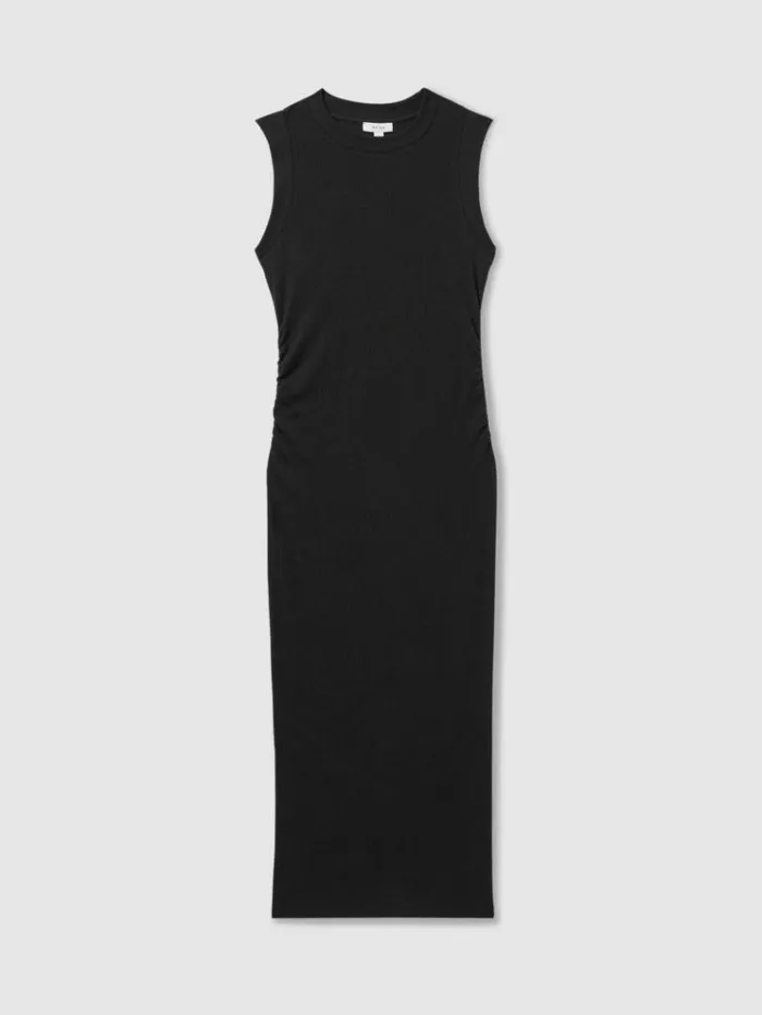 REISS Dresses Women Ribbed Ruched Jersey Midi Dress Navy