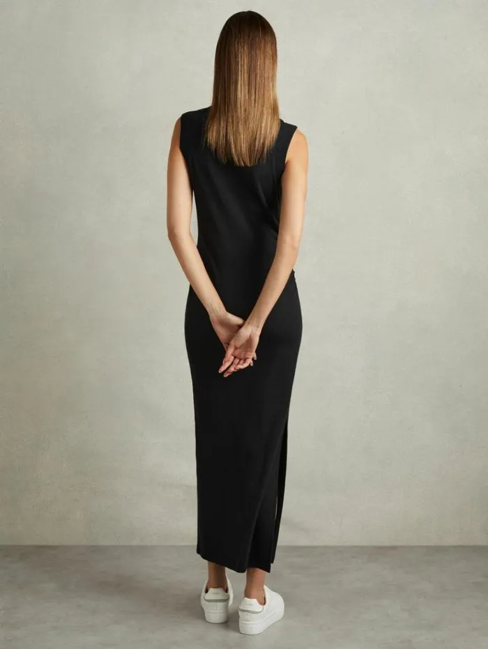 REISS Dresses Women Ribbed Ruched Jersey Midi Dress Navy