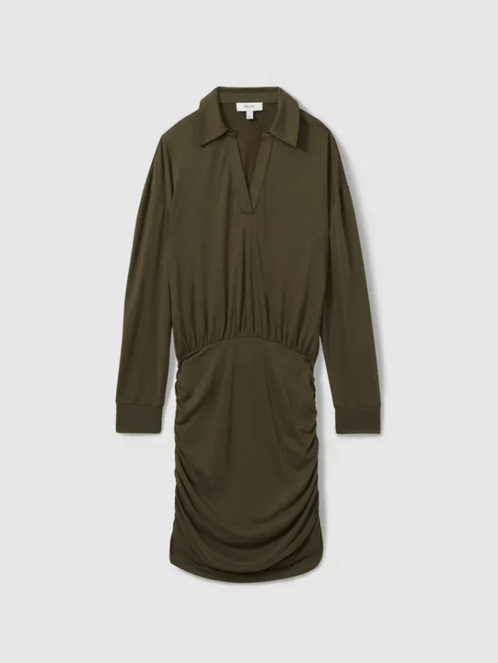 REISS Dresses Women Ruched Jersey OpenCollar Mini Dress Khaki