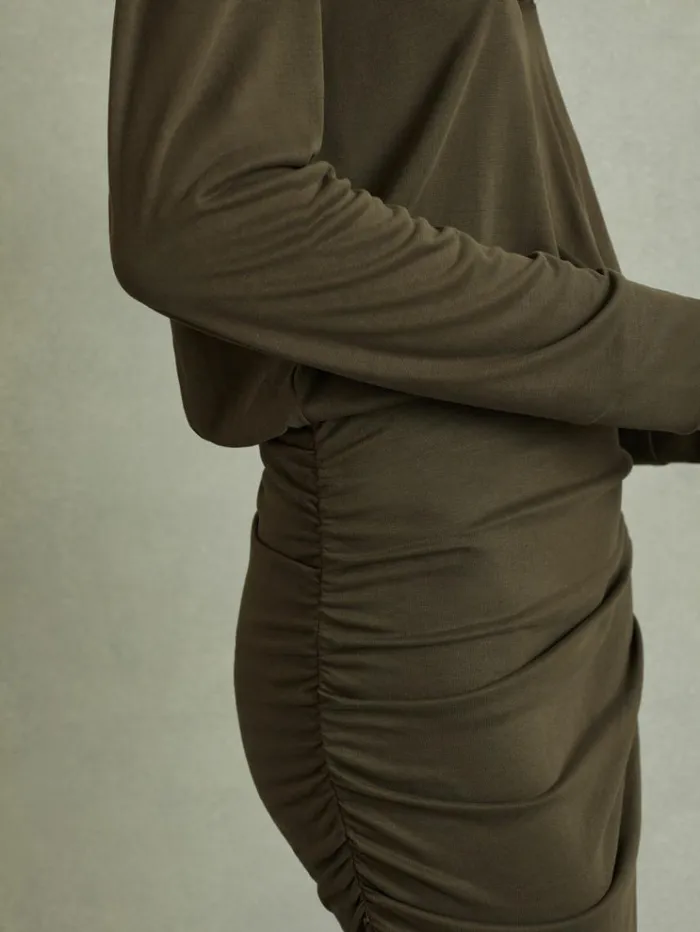 REISS Dresses Women Ruched Jersey OpenCollar Mini Dress Khaki
