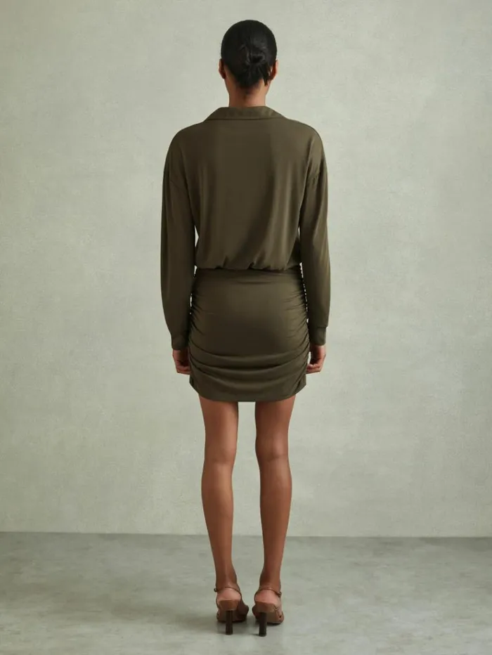 REISS Dresses Women Ruched Jersey OpenCollar Mini Dress Khaki