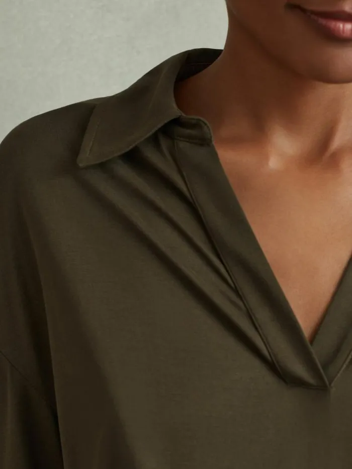 REISS Dresses Women Ruched Jersey OpenCollar Mini Dress Khaki