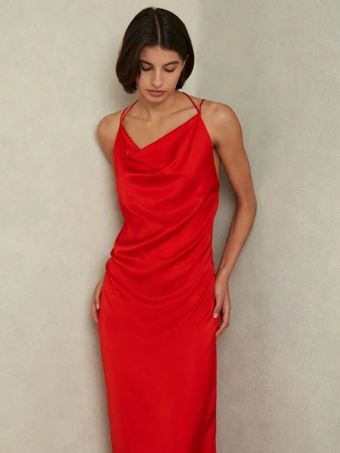 REISS Dresses Women Satin Cowl Neck Maxi Dress Orange