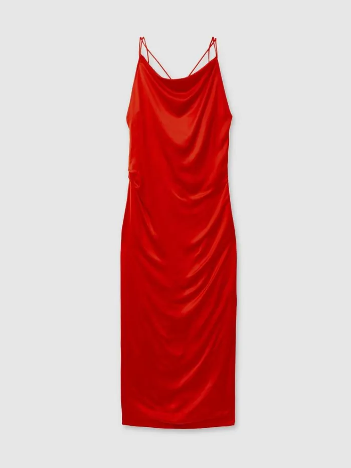 REISS Dresses Women Satin Cowl Neck Maxi Dress Orange