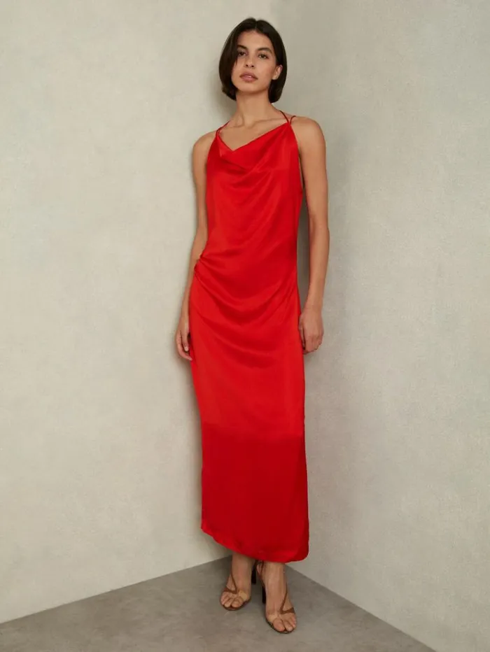 REISS Dresses Women Satin Cowl Neck Maxi Dress Orange