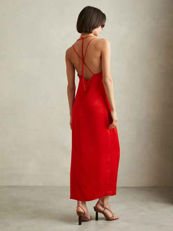REISS Dresses Women Satin Cowl Neck Maxi Dress Orange