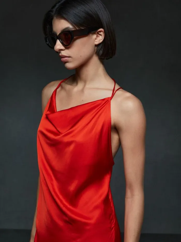 REISS Dresses Women Satin Cowl Neck Maxi Dress Orange