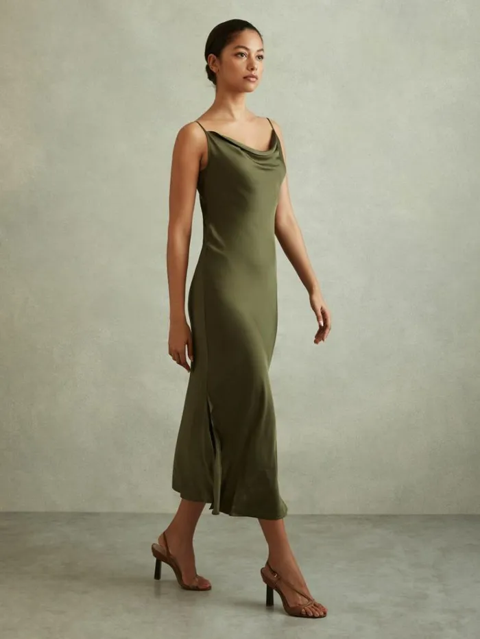 REISS Dresses Women Satin Cowl Neck Midi Dress Khaki