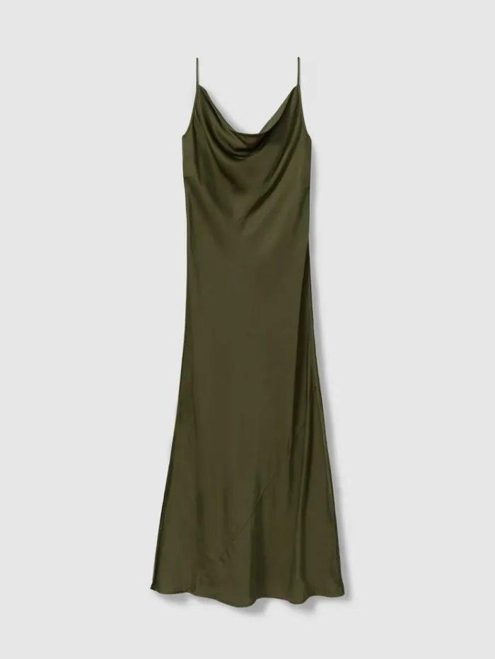 REISS Dresses Women Satin Cowl Neck Midi Dress Khaki