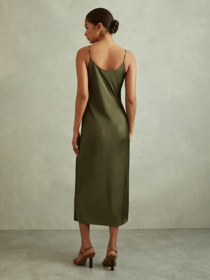 REISS Dresses Women Satin Cowl Neck Midi Dress Khaki