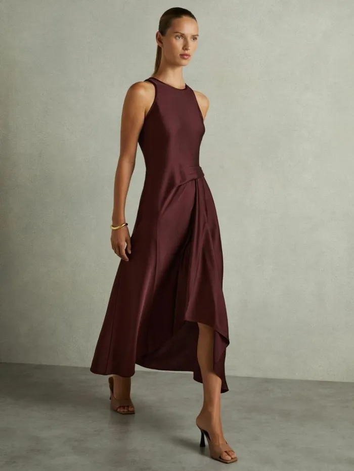 REISS Dresses Women Satin Drape Tuck Midi Dress Burgundy