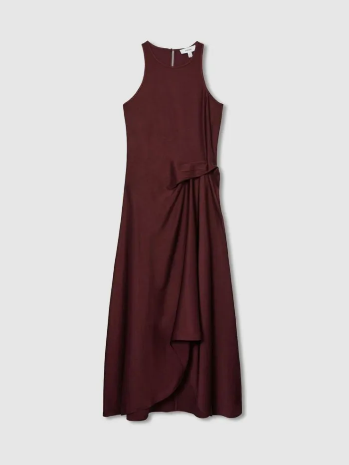 REISS Dresses Women Satin Drape Tuck Midi Dress Burgundy