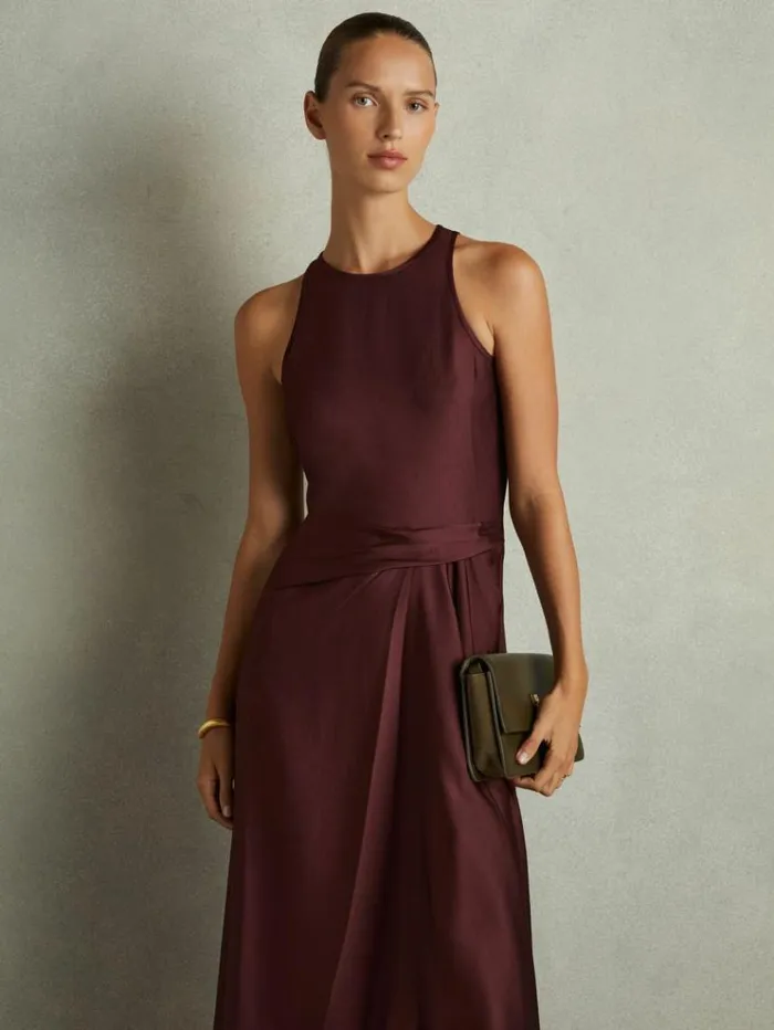 REISS Dresses Women Satin Drape Tuck Midi Dress Burgundy