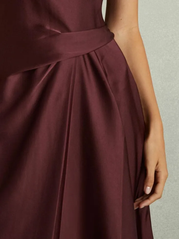 REISS Dresses Women Satin Drape Tuck Midi Dress Burgundy