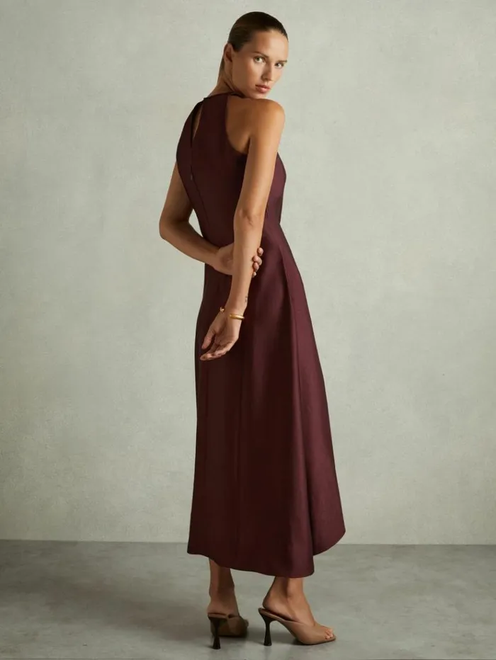 REISS Dresses Women Satin Drape Tuck Midi Dress Burgundy