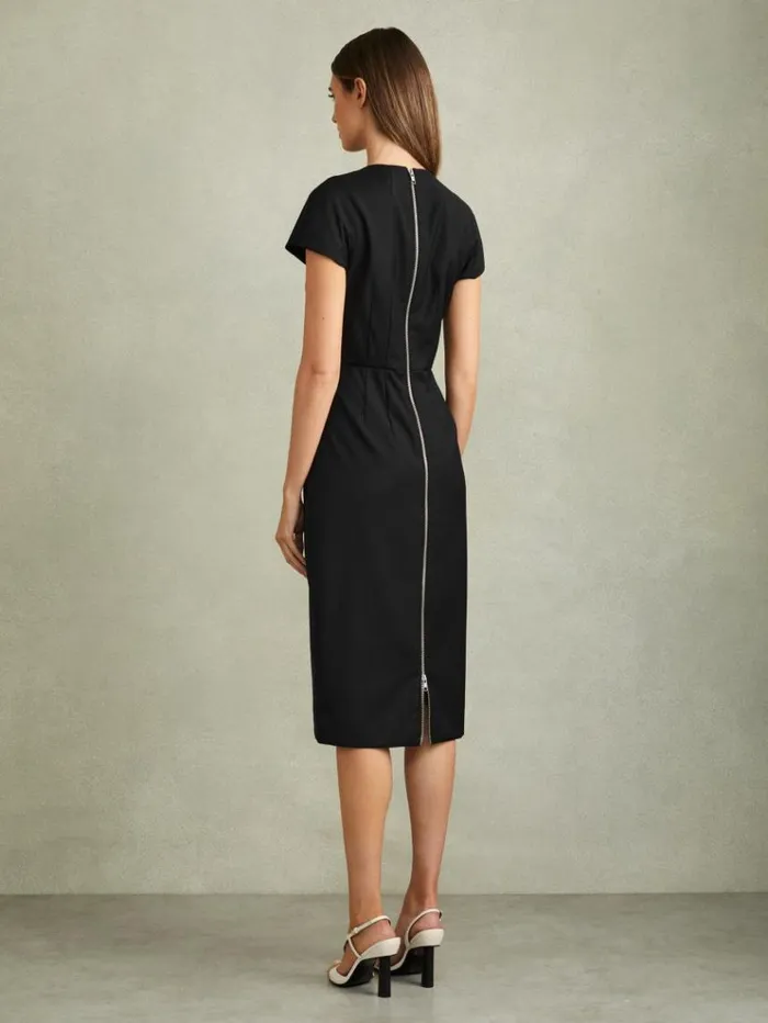 REISS Dresses Women Textured Cap Sleeve Midi Dress Black