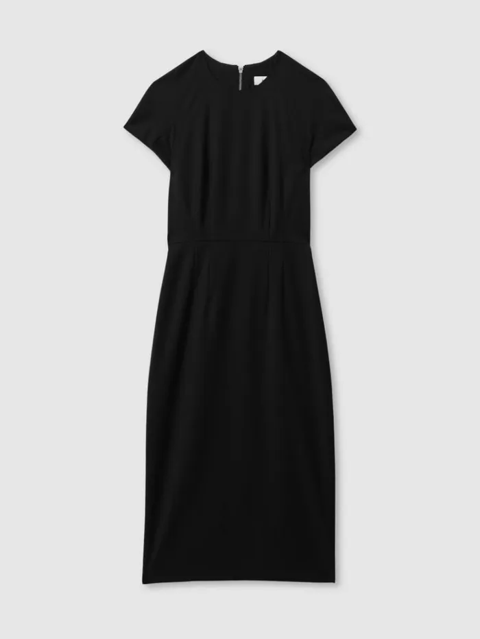 REISS Dresses Women Textured Cap Sleeve Midi Dress Black