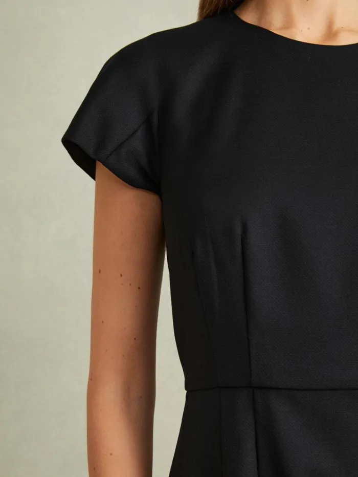 REISS Dresses Women Textured Cap Sleeve Midi Dress Black