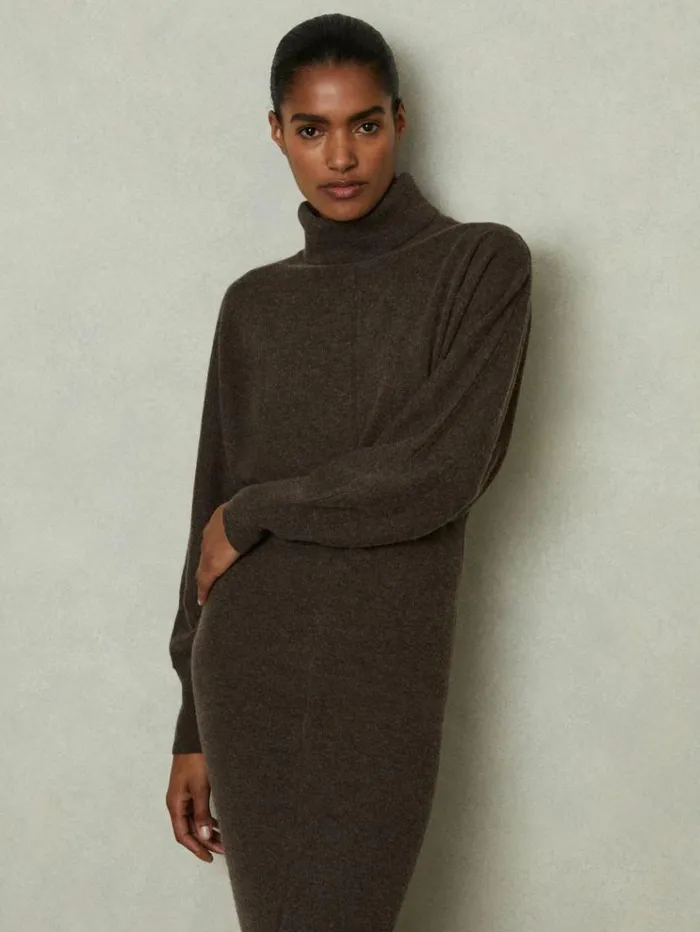 REISS Dresses Women Wool Blend Blouson Sleeve Midi Dress Chocolate