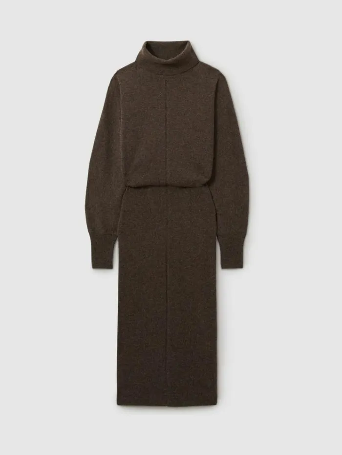 REISS Dresses Women Wool Blend Blouson Sleeve Midi Dress Chocolate