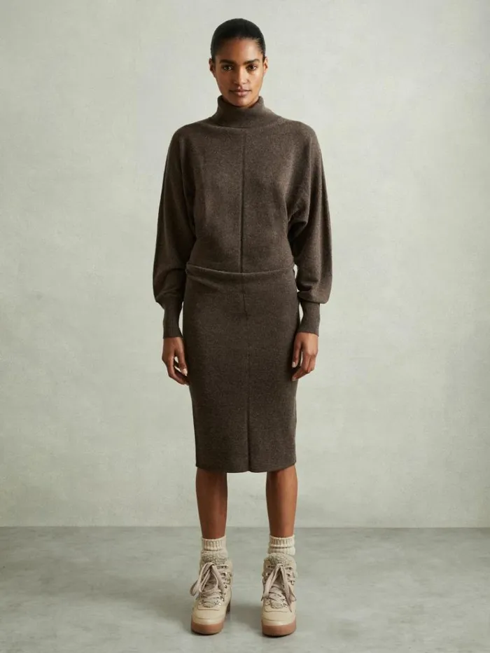 REISS Dresses Women Wool Blend Blouson Sleeve Midi Dress Chocolate