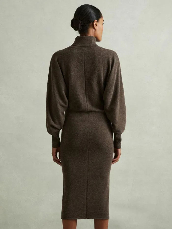 REISS Dresses Women Wool Blend Blouson Sleeve Midi Dress Chocolate
