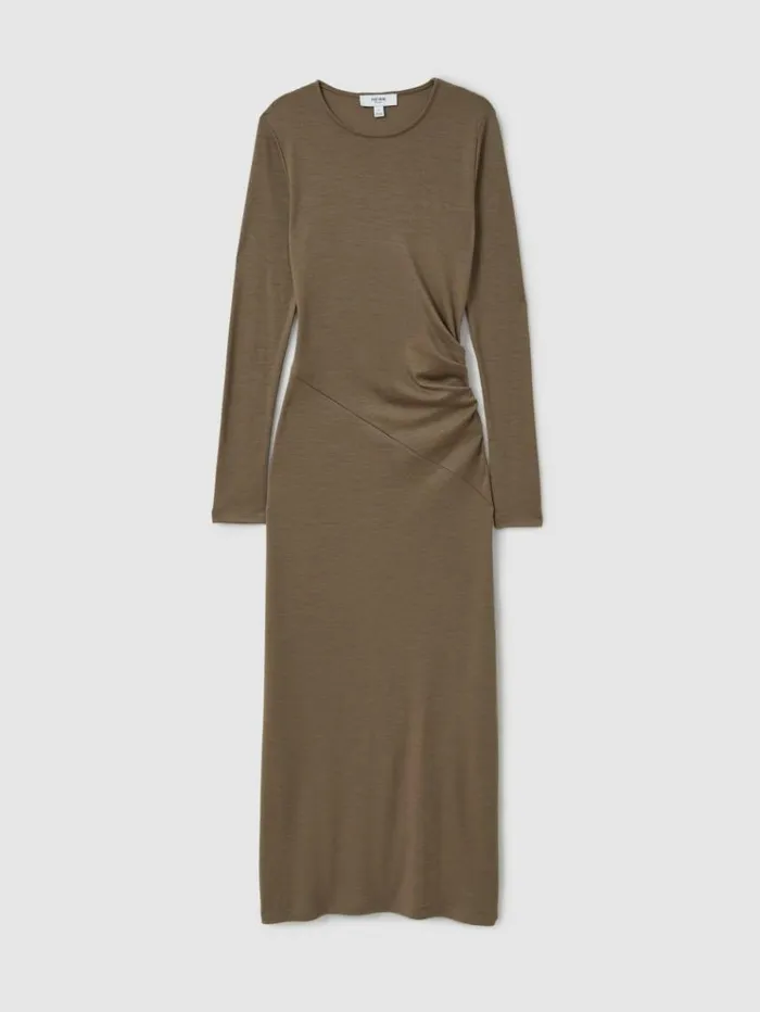 REISS Dresses Women Wool Ruche Detail Midi Dress Camel
