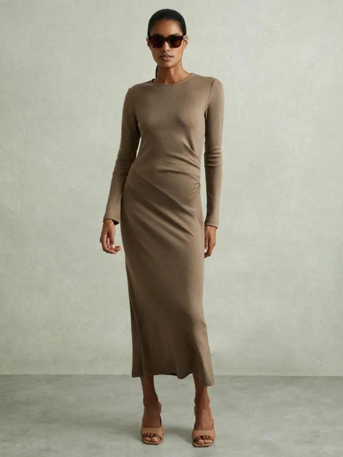 REISS Dresses Women Wool Ruche Detail Midi Dress Camel